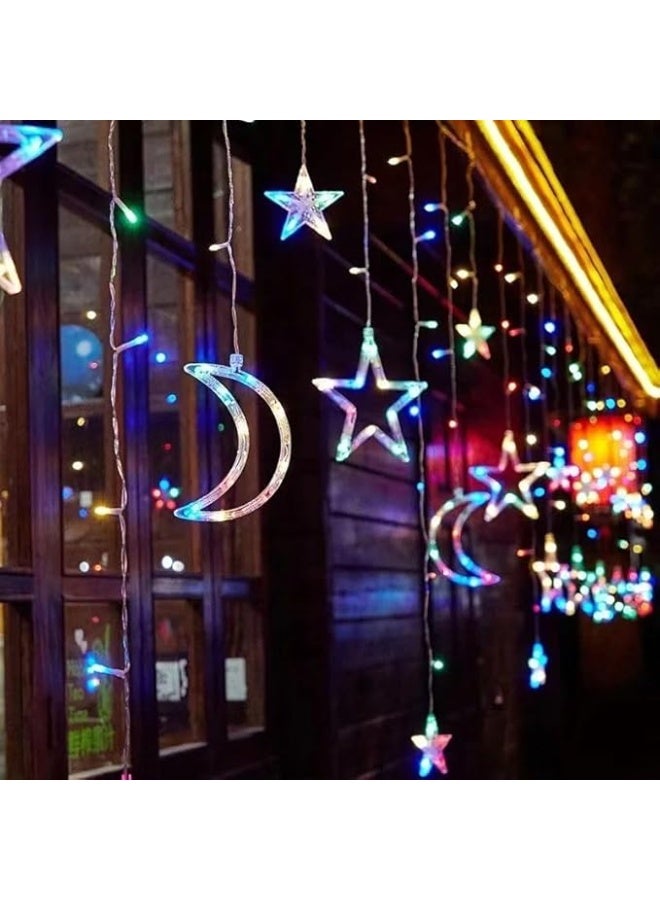 فروع نور ديكور- أضواء ديكور للمناسبات، والحفلات،وشهر رمضان، وأعياد الميلا، والكريسماس، والأفراح، متعدد الالوان (ستارة 3 متر هلال ونجوم كوكتيل الوان)